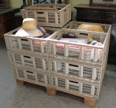 many crates that are stacked on top of each other