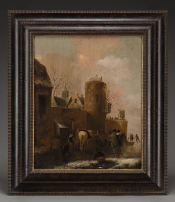 an oil painting of a village scene with a horse drawn carriage