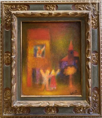 une image représentant un tableau où l'on voit une femme et un enfant devant une maison
