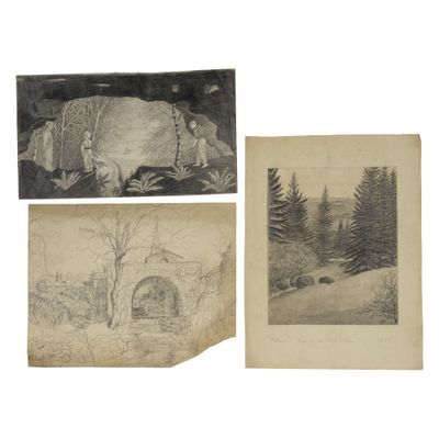 three old black and white photographs of a mountain scene
