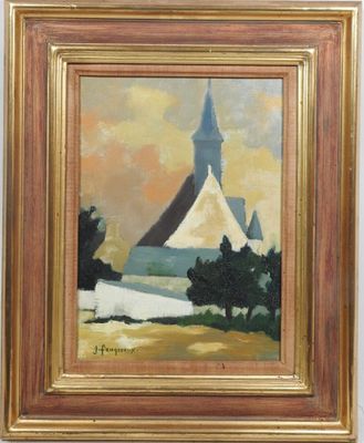 une peinture à l'huile d'une église avec un clocher en arrière-plan
