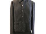 the jacket is gray and has a buttoned closure on the front