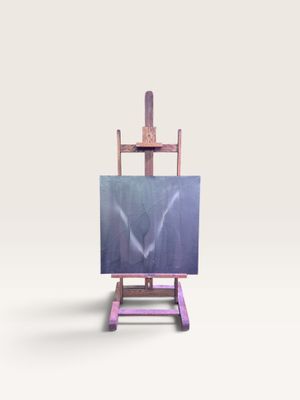 un chevalet d'artiste sur lequel est posé un tableau, sur fond blanc