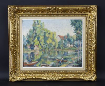 une peinture à l'huile représentant une scène fluviale avec des bateaux et des arbres
