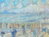 une peinture représentant un groupe de personnes marchant sur la plage