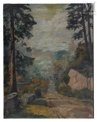 une peinture représentant une route dans une zone boisée, avec des arbres et des rochers