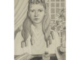 pencil drawing of a girl sitting at a table with a jar of pills
