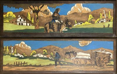 painting of a man on a horse drawn carriage and a man on a horse drawn carriage