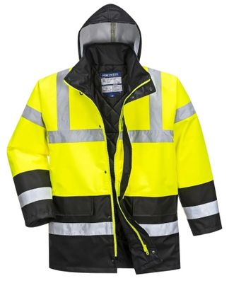 une photo d'une veste jaune et noire à capuche
