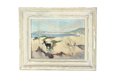 une peinture à l'huile représentant un chien sur le sable au bord de l'océan