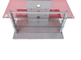 a glass tv stand with a glass shelf underneath it