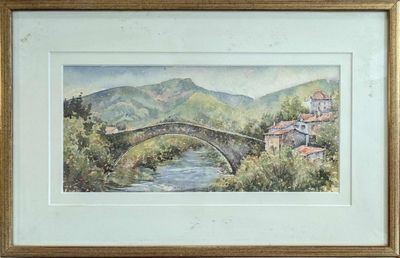une image d'une peinture représentant un pont sur une rivière
