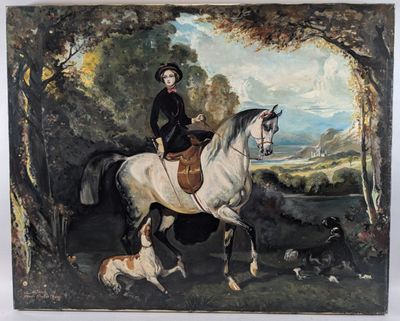 un tableau représentant une femme à cheval accompagnée d'un chien
