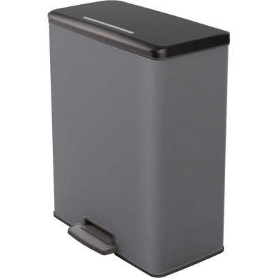 a close up of a grey trash can on a white background