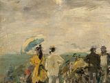 tableau représentant un groupe de personnes sur une plage, avec un parasol