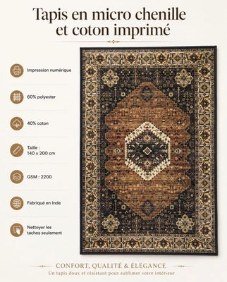 a close up of a rug on a white background with information about it