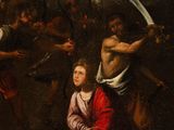 an image of a painting of a man kneeling in front of a group of people