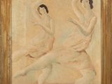painting of two nudes in a wood frame on a wall