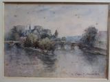 a painting of a bridge over a river with a castle in the background