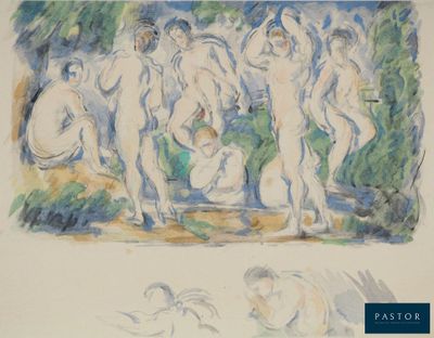 un tableau représentant un groupe de nus dans une forêt