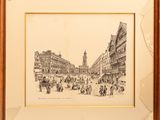 a drawing of a street scene with people and buildings in the background
