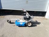 une petite voiture bleue garée devant un garage