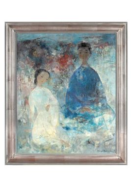an image of a painting of a woman and a man sitting on a bench