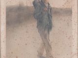 tableau représentant un homme marchant, un parapluie à la main
