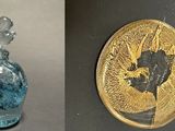 two pictures of a glass bottle and a gold medal