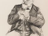 drawing of an old man with a cane sitting in a chair