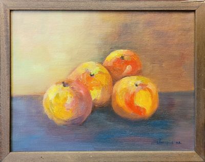 a painting of three oranges on a table