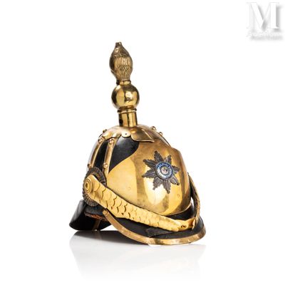 an image of a gold and black helmet on a white background