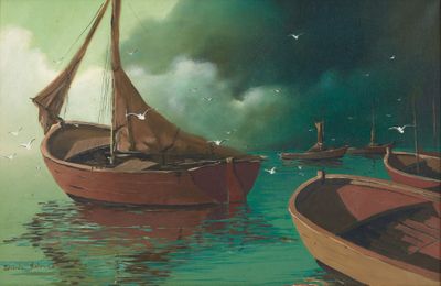 un tableau représentant un bateau sur l'eau, avec des oiseaux qui volent autour
