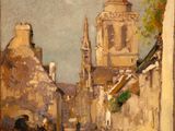painting of a street scene with a horse drawn carriage and a church in the background