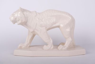 EMAUX DE LOUVIERE Tigre en faïence craquelée crème
