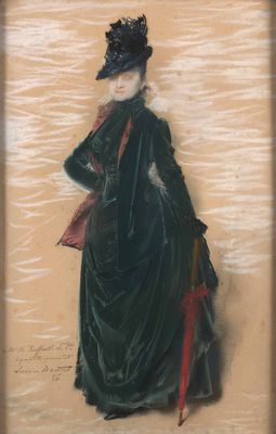 painting of a woman in a green dress and hat holding a red umbrella