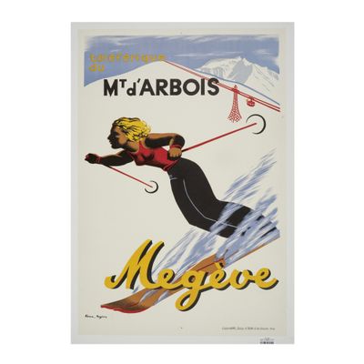 une image représentant une affiche sur laquelle figure une femme en train de descendre une montagne à ski