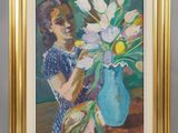 tableau représentant une femme tenant un vase de fleurs devant un mur