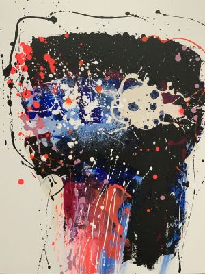 peinture abstraite représentant une femme avec des éclaboussures de peinture rouge, blanche et bleue sur le visage