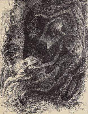 une image représentant un dessin en noir et blanc d'un homme et d'un chien