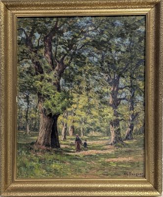 un tableau représentant un couple assis sous un arbre dans un parc