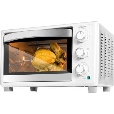an image of a white toaster oven with a chicken in it
