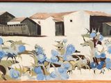 une peinture à l'huile représentant des fleurs bleues devant un bâtiment blanc