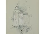a drawing of a woman and a child standing next to a fence