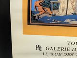 a poster of a woman sitting at a table with a dog
