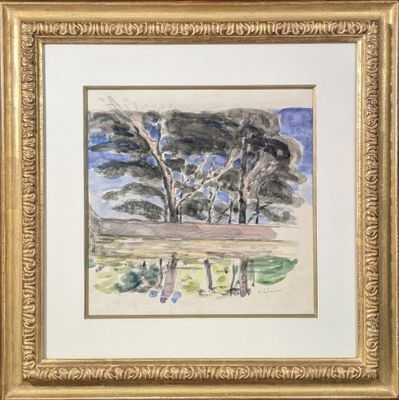 an image of a watercolor painting of trees in a field
