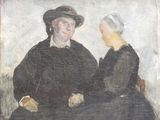painting of a woman and a man sitting on a chair