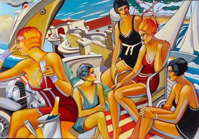 tableau représentant un groupe de personnes assises sur un bateau sur l'eau