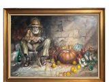tableau représentant un vieil homme assis devant une cheminée, entouré de fruits et de légumes