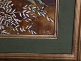 a painting of a bird sitting on a branch of a tree